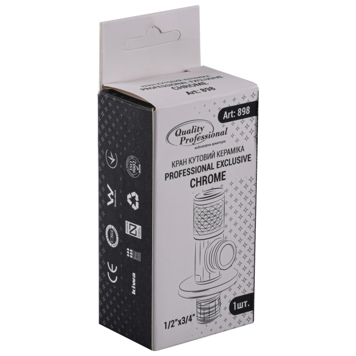 Кран кутовий кераміка PROFESSIONAL EXCLUSIVE 1/2″X3/4″ 898 CHROME (1шт.) Кран кутовий кераміка PROFESSIONAL EXCLUSIVE 1/2″X3/4″ 898 CHROME (1шт.)