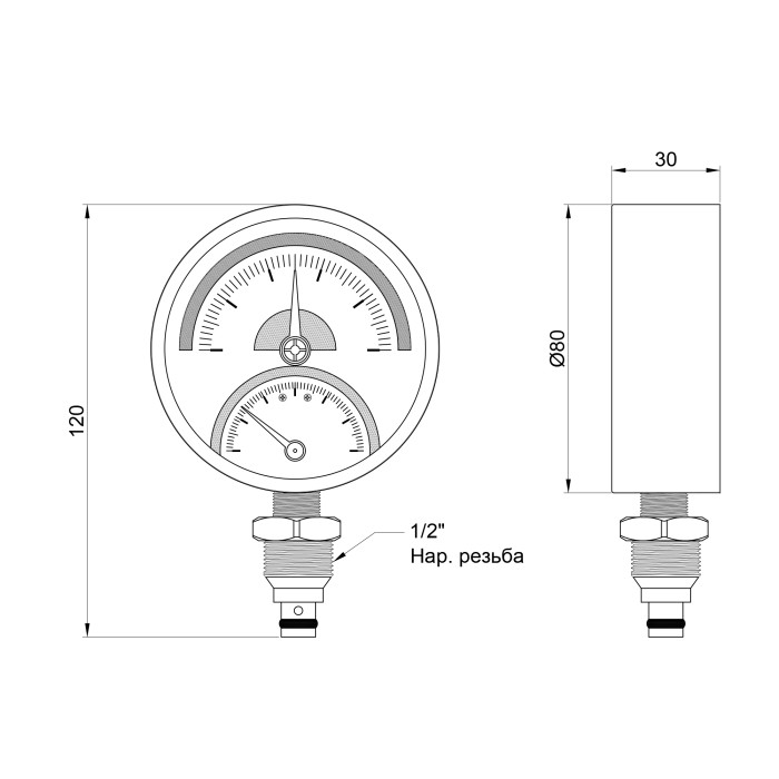 Термоманометр Thermo Alliance Standart 80 мм 1/2", нижнє підмикання SD17210B Термоманометр Thermo Alliance Standart 80 мм 1/2", нижнє підмикання SD17210B