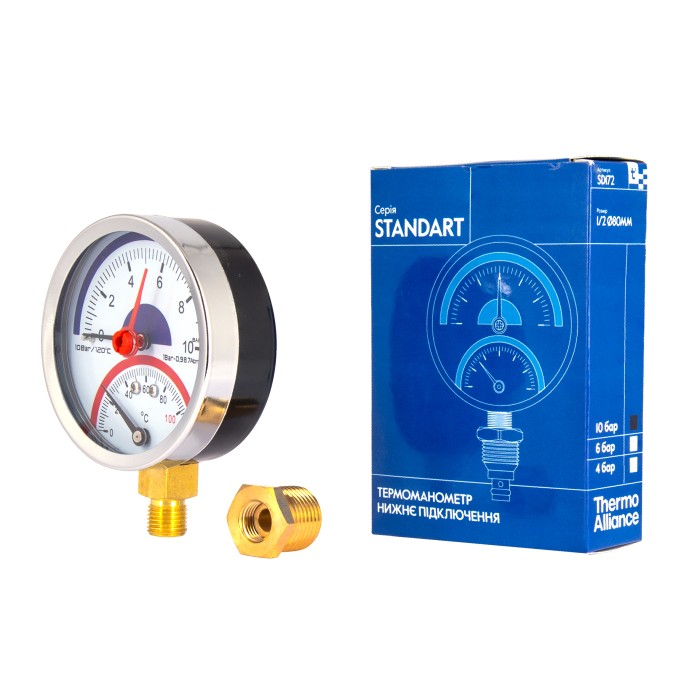 Термоманометр Thermo Alliance Standart 80 мм 1/2", нижнє підмикання SD17210B Термоманометр Thermo Alliance Standart 80 мм 1/2", нижнє підмикання SD17210B