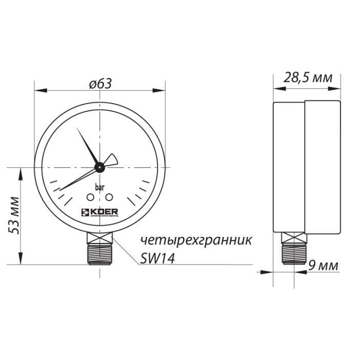 Манометр радіальний (KOER KM.621R) (0-4 bar), D 63мм, 1/4" (KR0206) Манометр радіальний (KOER KM.621R) (0-4 bar), D 63мм, 1/4" (KR0206)