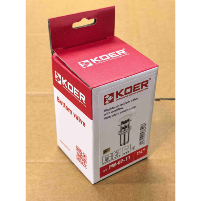 Донний клапан для раковини Koer PW-07-11 1 1/4'' з переливом автоматичний СLICK-СLACK (Біла керам.накл.) (KR5784)