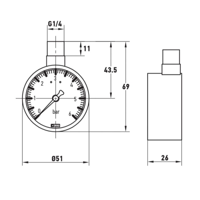 Манометр радіальний KOER KM.630R 1/4'' (D 50мм 0-6 bar, різьба зверху корпусу) (KR4762) Манометр радіальний KOER KM.630R 1/4'' (D 50мм 0-6 bar, різьба зверху корпусу) (KR4762)