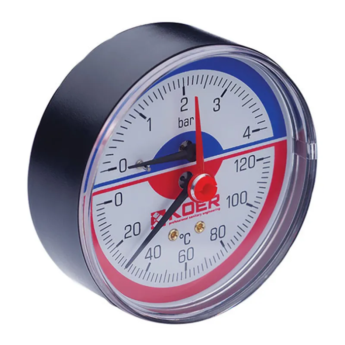 Термо-манометр аксіальний (KOER KM.802A) (0-4 bar), D 80мм, 1/4''-1/2'' (KR0222) Термо-манометр аксіальний (KOER KM.802A) (0-4 bar), D 80мм, 1/4''-1/2'' (KR0222)