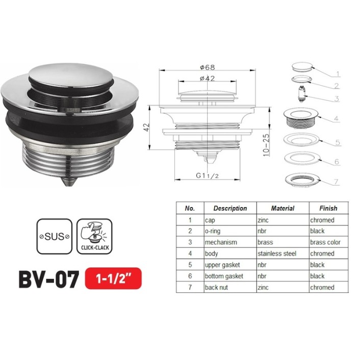 Донний клапан для ванни Zerix BV-07 1 1/2'' автоматичний СLICK-СLACK (Колір хром) (ZX6024) Донний клапан для ванни Zerix BV-07 1 1/2'' автоматичний СLICK-СLACK (Колір хром) (ZX6024)