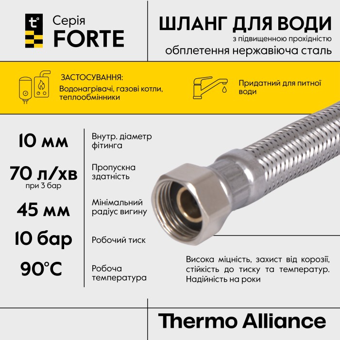 Шланг Forte для води D10 60 см нержавіюче оплетення 1/2"x1/2" ВВ TAF384W60 Thermo Alliance Шланг Forte для води D10 60 см нержавіюче оплетення 1/2"x1/2" ВВ TAF384W60 Thermo Alliance
