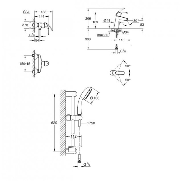 Набір змішувачів Grohe Eurosmart M-Size для душу (123244M) Набір змішувачів Grohe Eurosmart M-Size для душу (123244M)