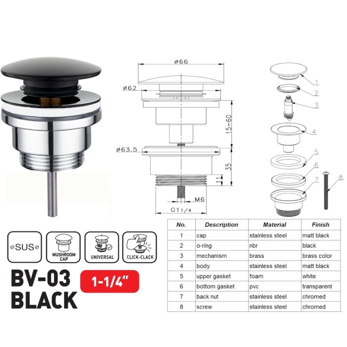 Донний клапан для раковини Zerix BV-03 BLACK 1 1/4'' універсальний (з/без перел) СLICK-СLACK (Колір чорний) (ZX6020) Донний клапан для раковини Zerix BV-03 BLACK 1 1/4'' універсальний (з/без перел) СLICK-СLACK (Колір чорний) (ZX6020)