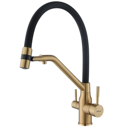 Змішувач для кухні з силіконовим виливом Zerix MAG-021 Brushed Gold Refl.Black з нерж. сталі SUS304 з виходом для пит.води (ZX6007)