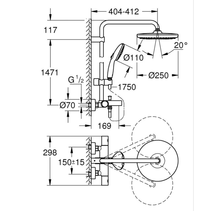 Душова система настінного монтажу Grohe Tempesta System 250 з термостатом для ванни (26672001) Душова система настінного монтажу Grohe Tempesta System 250 з термостатом для ванни (26672001)