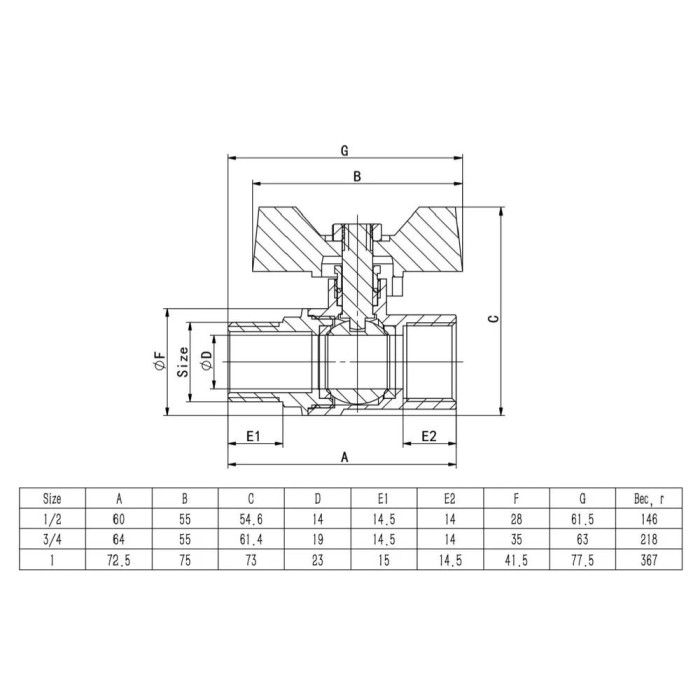 Кран кульовий ITAL PN40 3/4" вн.-зов., метелик, нікель Кран кульовий ITAL PN40 3/4" вн.-зов., метелик, нікель