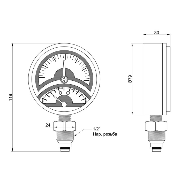 Термоманометр Icma 1/2" 0-6 бар, нижнє підключення №258 Термоманометр Icma 1/2" 0-6 бар, нижнє підключення №258