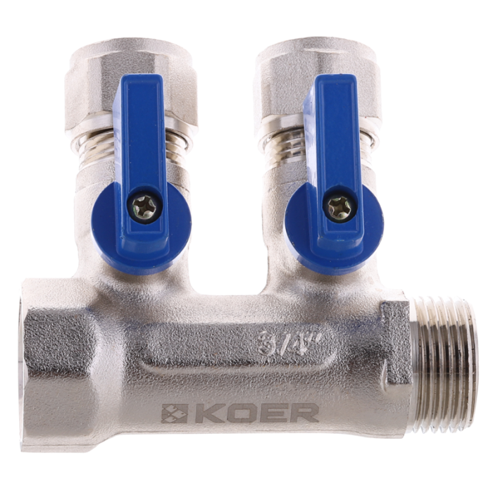 Колектор з кульовими кранами і фитингом Koer KR.1125-2 3/4"x2 ways (KR2835) Колектор з кульовими кранами і фитингом Koer KR.1125-2 3/4"x2 ways (KR2835)