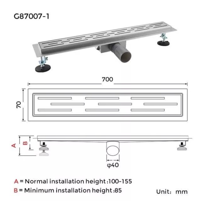 Душовий трап GAPPO G87007-1, 70х700 мм, нержавіюча сталь Душовий трап GAPPO G87007-1, 70х700 мм, нержавіюча сталь