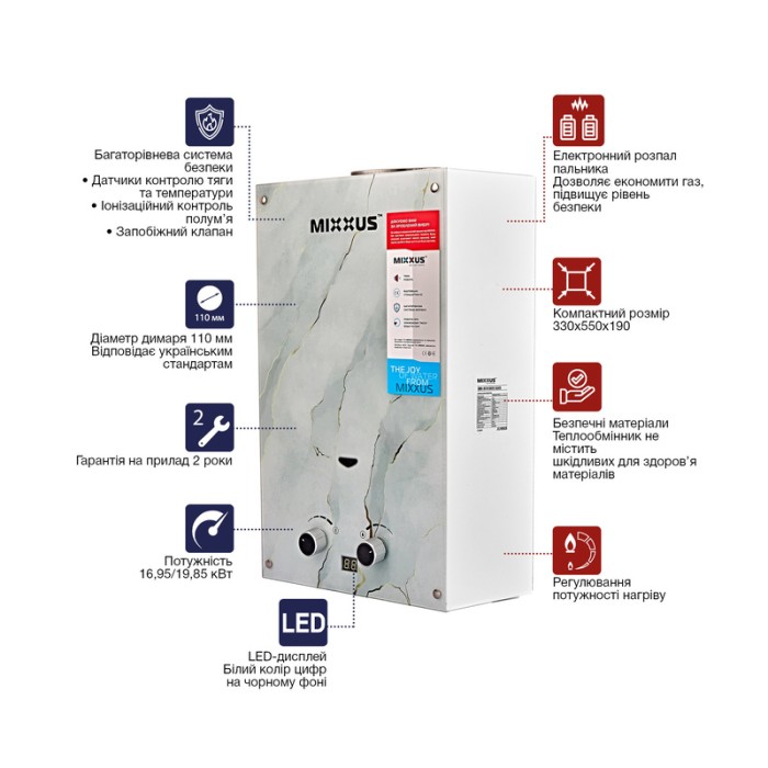 Газова колонка MIXXUS GWH-0510 BASIC GLASS димохідна 10 л/хв (панель зі скла з малюнком) (WH0026) Газова колонка MIXXUS GWH-0510 BASIC GLASS димохідна 10 л/хв (панель зі скла з малюнком) (WH0026)