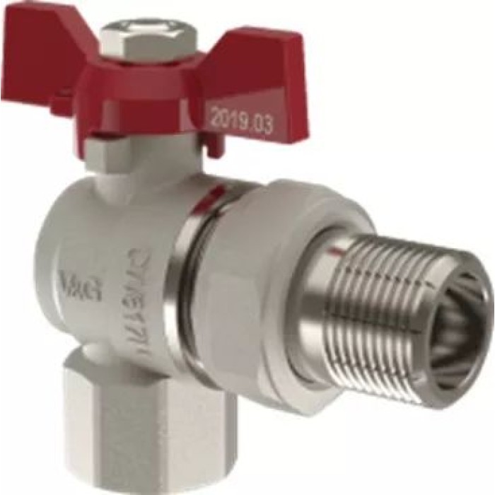 Кран кульовий з американкою кутовий V&G Optima 1"ВЗ (червоний метелик) {12} Кран кульовий з американкою кутовий V&G Optima 1"ВЗ (червоний метелик) {12}