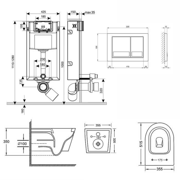 Готове рішення Qtap для ванної кімнати: підвісний унітаз Swan Rimless 520х360х320 + комплект інсталяції Nest 4 в 1 (квадратна клавіша Satin) Готове рішення Qtap для ванної кімнати: підвісний унітаз Swan Rimless 520х360х320 + комплект інсталяції Nest 4 в 1 (квадратна клавіша Satin)