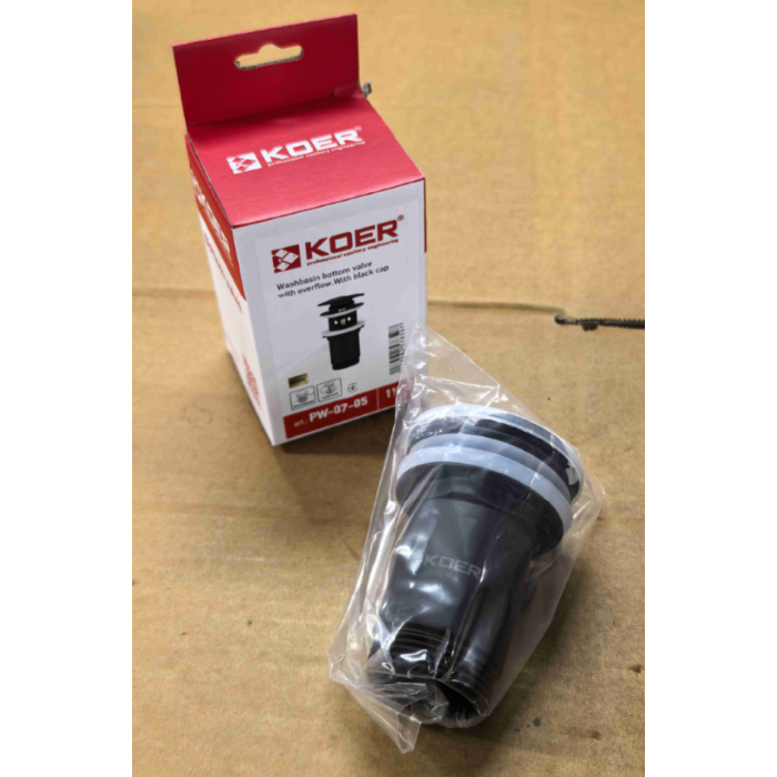 Донний клапан для раковини Koer PW-07-05 1 1/4'' з переливом автоматичний СLICK-СLACK (Колір чорн) (KR5785) Донний клапан для раковини Koer PW-07-05 1 1/4'' з переливом автоматичний СLICK-СLACK (Колір чорн) (KR5785)