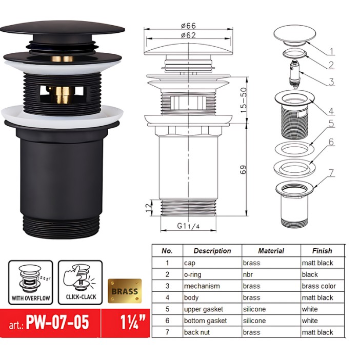 Донний клапан для раковини Koer PW-07-05 1 1/4'' з переливом автоматичний СLICK-СLACK (Колір чорн) (KR5785) Донний клапан для раковини Koer PW-07-05 1 1/4'' з переливом автоматичний СLICK-СLACK (Колір чорн) (KR5785)