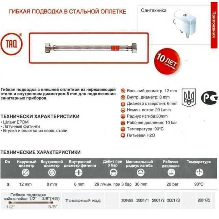 Шланг водяний TUCAI 3/8″x1/2″ ВВ 0,8м TAQ HG-3812-800 200175