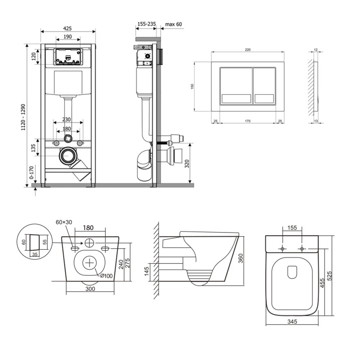 Готове рішення Qtap для ванної кімнати: підвісний унітаз Tern Ultra Quiet 525x345x360 + комплект інсталяції Nest 4 в 1 (квадратна клавіша Satin)