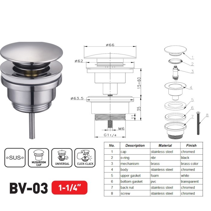 Донний клапан для раковини Zerix BV-03 1 1/4'' універсальний (з/без перел) СLICK-СLACK (Колір хром) (ZX6019) Донний клапан для раковини Zerix BV-03 1 1/4'' універсальний (з/без перел) СLICK-СLACK (Колір хром) (ZX6019)