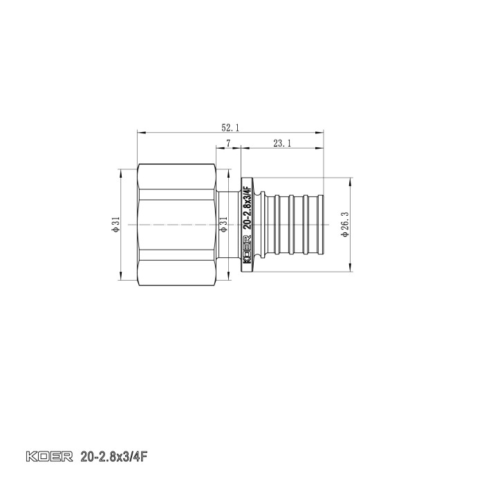 Перехідник з ВР Koer KA.A08F-20 - 20(2.8mm) x 3/4"F (KR4864) Перехідник з ВР Koer KA.A08F-20 - 20(2.8mm) x 3/4"F (KR4864)