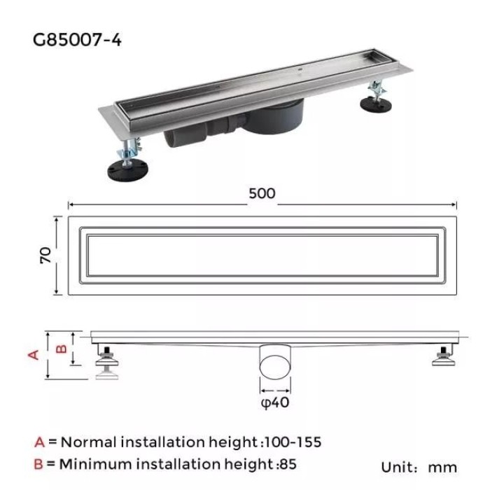 Трап для душу під плитку GAPPO G85007-4, 70х500 мм, нержавіюча сталь Трап для душу під плитку GAPPO G85007-4, 70х500 мм, нержавіюча сталь