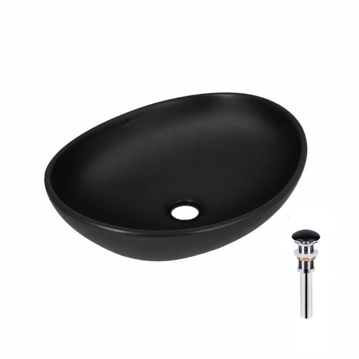 Комплект Qtap Dove: Раковина накладна овальна 415x340x140 мм Matt Black + Донний клапан PU03