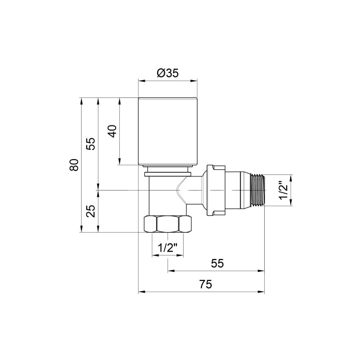 Кран радіаторний Icma 1/2" з антипротіканням кутовий №1112 Кран радіаторний Icma 1/2" з антипротіканням кутовий №1112