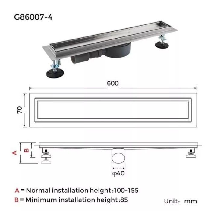 Трап для душу під плитку GAPPO G86007-4, 70х600 мм, нержавіюча сталь Трап для душу під плитку GAPPO G86007-4, 70х600 мм, нержавіюча сталь