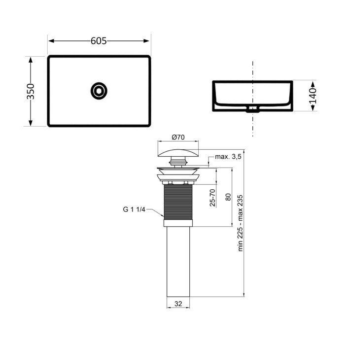 Комплект Qtap Tern: Раковина накладна прамокутна 610x350x135 мм WHITE + Донний клапан PU02 Комплект Qtap Tern: Раковина накладна прамокутна 610x350x135 мм WHITE + Донний клапан PU02