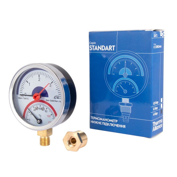 Термоманометр Thermo Alliance Standart 80 мм 1/2", нижнє підмикання SD1724B Термоманометр Thermo Alliance Standart 80 мм 1/2", нижнє підмикання SD1724B