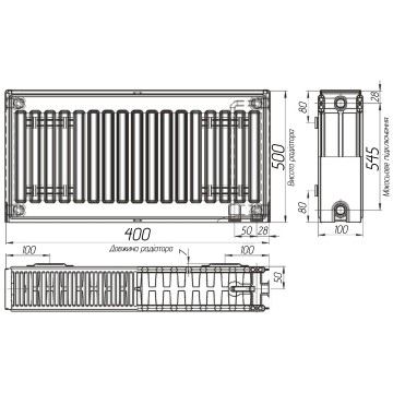 Радіатор сталевий 22/500x400 низ-справа/бок OPTIMUM (без клапана INNER)