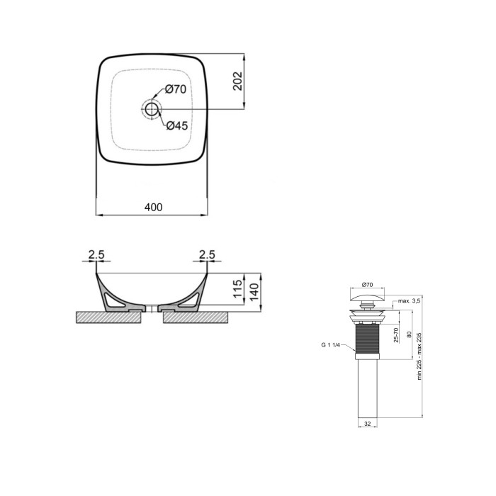 Комплект Qtap Kolibri: Раковина накладна 400x400x140 мм, White, квадратна + Донний клапан Pop-up PU02 Комплект Qtap Kolibri: Раковина накладна 400x400x140 мм, White, квадратна + Донний клапан Pop-up PU02
