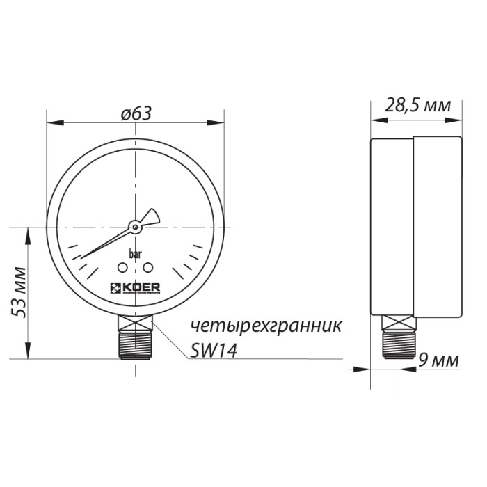 Манометр радіальний KOER KM.610R D 63мм (0-10 bar) 1/4''-1/2'' (KR2902) Манометр радіальний KOER KM.610R D 63мм (0-10 bar) 1/4''-1/2'' (KR2902)