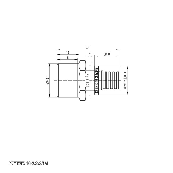 Перехідник з ЗР Koer KA.A08M-16 - 16(2.2mm) x 3/4"M (KR4850) Перехідник з ЗР Koer KA.A08M-16 - 16(2.2mm) x 3/4"M (KR4850)
