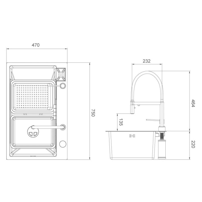 GS 7547-19 мийка PROFI 750*470 змішувач+сифон+ коланд.+дозатор+омивач склянк. (збройва сталь) {1/1} GS 7547-19 мийка PROFI 750*470 змішувач+сифон+ коланд.+дозатор+омивач склянк. (збройва сталь) {1/1}