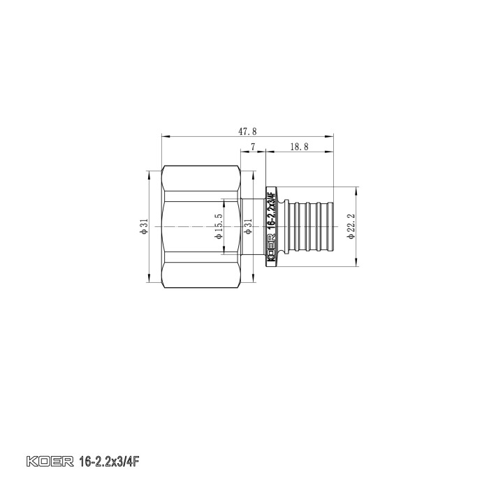 Перехідник з ВР Koer KA.A08F-16 - 16(2.2mm) x 3/4"F (KR4862) Перехідник з ВР Koer KA.A08F-16 - 16(2.2mm) x 3/4"F (KR4862)