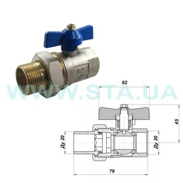 Кран кульовий з американкою STA    3/4" (червоний метелик) НІК. {108/12}