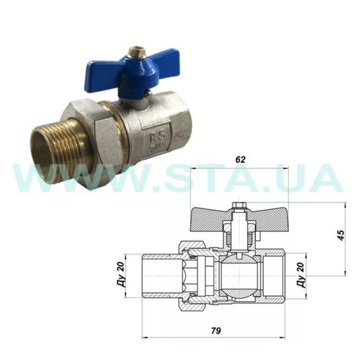 Кран кульовий з американкою STA    3/4" (червоний метелик) НІК. {108/12}