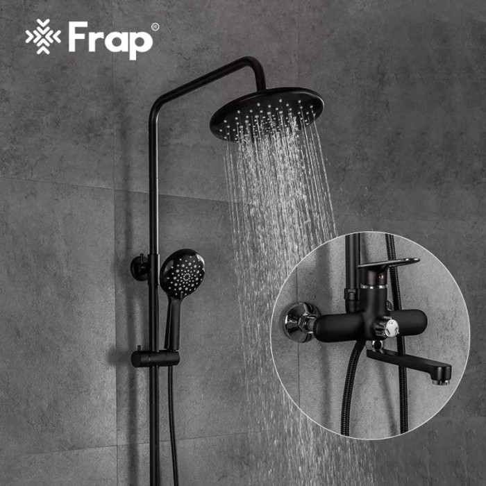 Душева система Frap F2449-6, поворотний вилив - перемикач на лійку, 3 режими, чорний/хром Душева система Frap F2449-6, поворотний вилив - перемикач на лійку, 3 режими, чорний/хром
