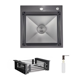 Комплект Lidz Handmade H5050HB Мийка для кухні інтегрована Decor Black PVD Honeycomb у комплекті з дозатором + Lidz LIDZK01B Корзина для кухонної мийки