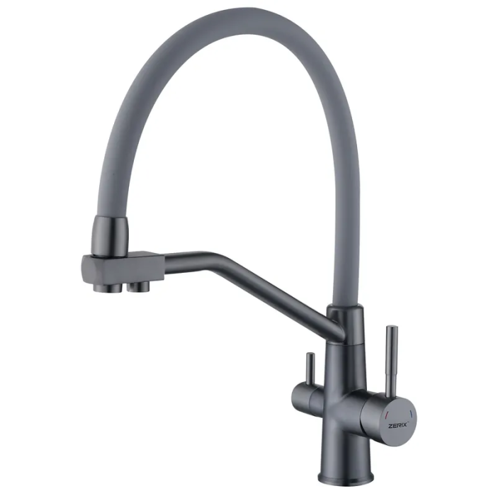 Змішувач для кухні з силіконовим виливом Zerix FUL-021 Graphite Refl.Gray з нерж. сталі SUS304 з виходом для пит.води (ZX6000) Змішувач для кухні з силіконовим виливом Zerix FUL-021 Graphite Refl.Gray з нерж. сталі SUS304 з виходом для пит.води (ZX6000)