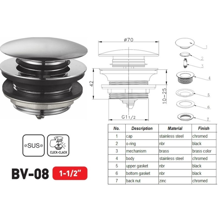 Донний клапан для ванни Zerix BV-08 1 1/2'' автоматичний СLICK-СLACK (Колір хром) (ZX6025) Донний клапан для ванни Zerix BV-08 1 1/2'' автоматичний СLICK-СLACK (Колір хром) (ZX6025)