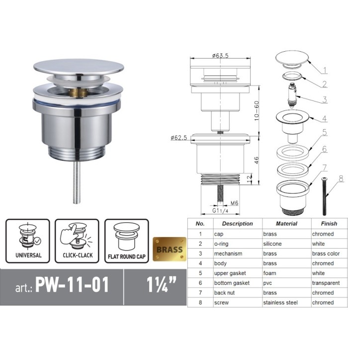 Донний клапан для раковини Koer PW-11-01 1 1/4'' універсальний (з/без перел) СLICK-СLACK (Колір хром) (KR5790) Донний клапан для раковини Koer PW-11-01 1 1/4'' універсальний (з/без перел) СLICK-СLACK (Колір хром) (KR5790)