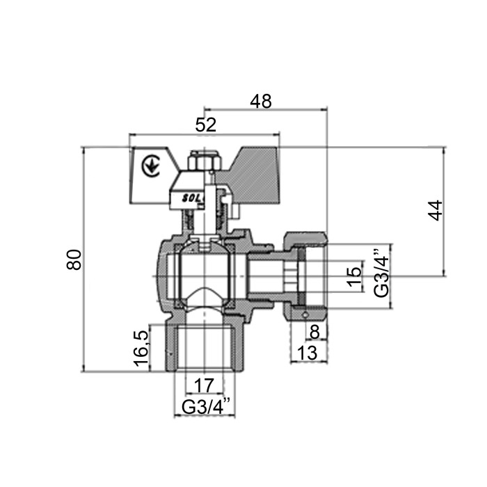 Кран кульовий кутовий з накидною гайкою SOLOMON 3/4″ ВВ PN40 (V3003-S) Кран кульовий кутовий з накидною гайкою SOLOMON 3/4″ ВВ PN40 (V3003-S)