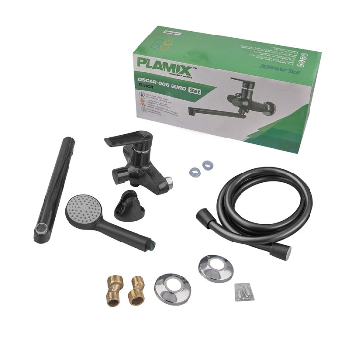 PLAMIX OSCAR-006 EURO SET BLACK Змішувач для ванни (зі шлангом,лійкою та кроншт.)(К.чорний)(24шт/ящ) PLAMIX OSCAR-006 EURO SET BLACK Змішувач для ванни (зі шлангом,лійкою та кроншт.)(К.чорний)(24шт/ящ)