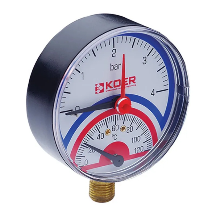 Термо-манометр радіальний (KOER KM.801R) (0-4 bar), D 80мм, 1/4''-1/2'' (KR0217) Термо-манометр радіальний (KOER KM.801R) (0-4 bar), D 80мм, 1/4''-1/2'' (KR0217)