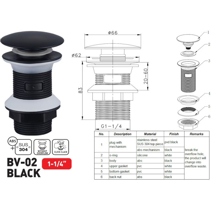 Донний клапан для раковини Zerix BV-02 BLACK 1 1/4'' без переливу автоматичний СLICK-СLACK (Колір чорний) (ZX6018) Донний клапан для раковини Zerix BV-02 BLACK 1 1/4'' без переливу автоматичний СLICK-СLACK (Колір чорний) (ZX6018)