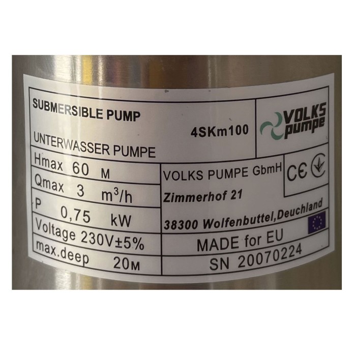 Насос свердловинний вихровий VOLKS pumpe 4SKm100 0,75кВт + кабель 15м + пульт Насос свердловинний вихровий VOLKS pumpe 4SKm100 0,75кВт + кабель 15м + пульт